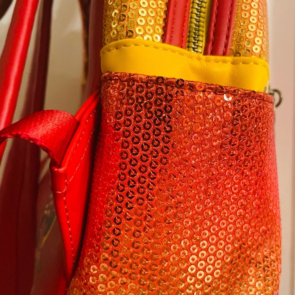 Loungefly Fall Sequin Ombré Minnie Red and Orange Sequin Backpack - Picture 7 of 16